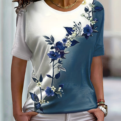 Floral Print Colorblock Crew Neck T-Shirt, Casual Short Sleeve Top For Spring & Summer, Women's Clothing