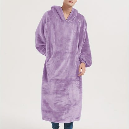 Men's Cozy Flannel Hooded Robe - Extra Long, Solid Color Lounge Wear with Pockets for Autumn & Winter, Machine Washable