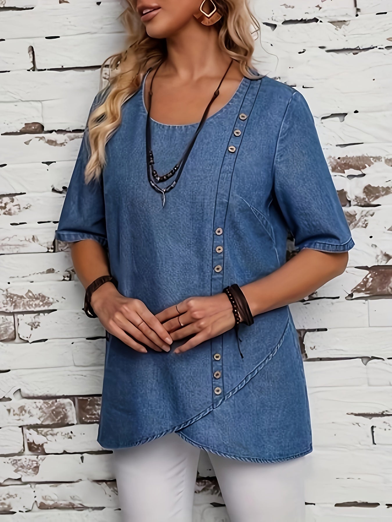 Stylish Elegant Denim Top - Exquisite Button Accents, Flattering Wrap Hem Design, Comfortable Half Sleeve Style, Perfect for Casual Occasions - Ideal for Daily Wear, Elevate Your Style