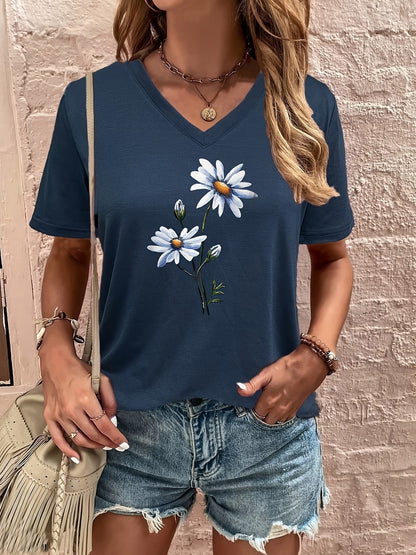 Fashionable Floral Print V-Neck T-Shirt - Lightweight & Breathable Summer Casual Wear - Perfect for Trendy Women