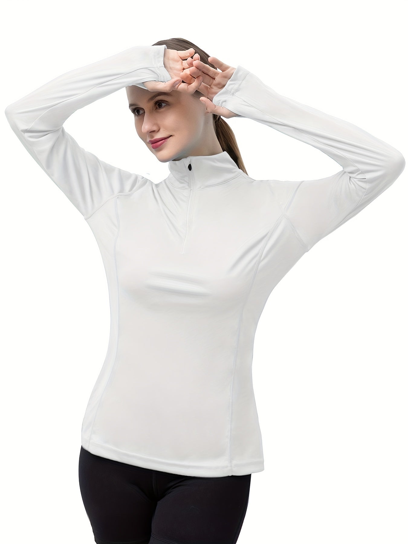 Womens Stylish Solid 1/4 Zipper Rash Guard Top - Sun-Protective Long Sleeveless, Ultra-Quick Drying for Outdoor Sports - Fashionable Water Sports Clothing