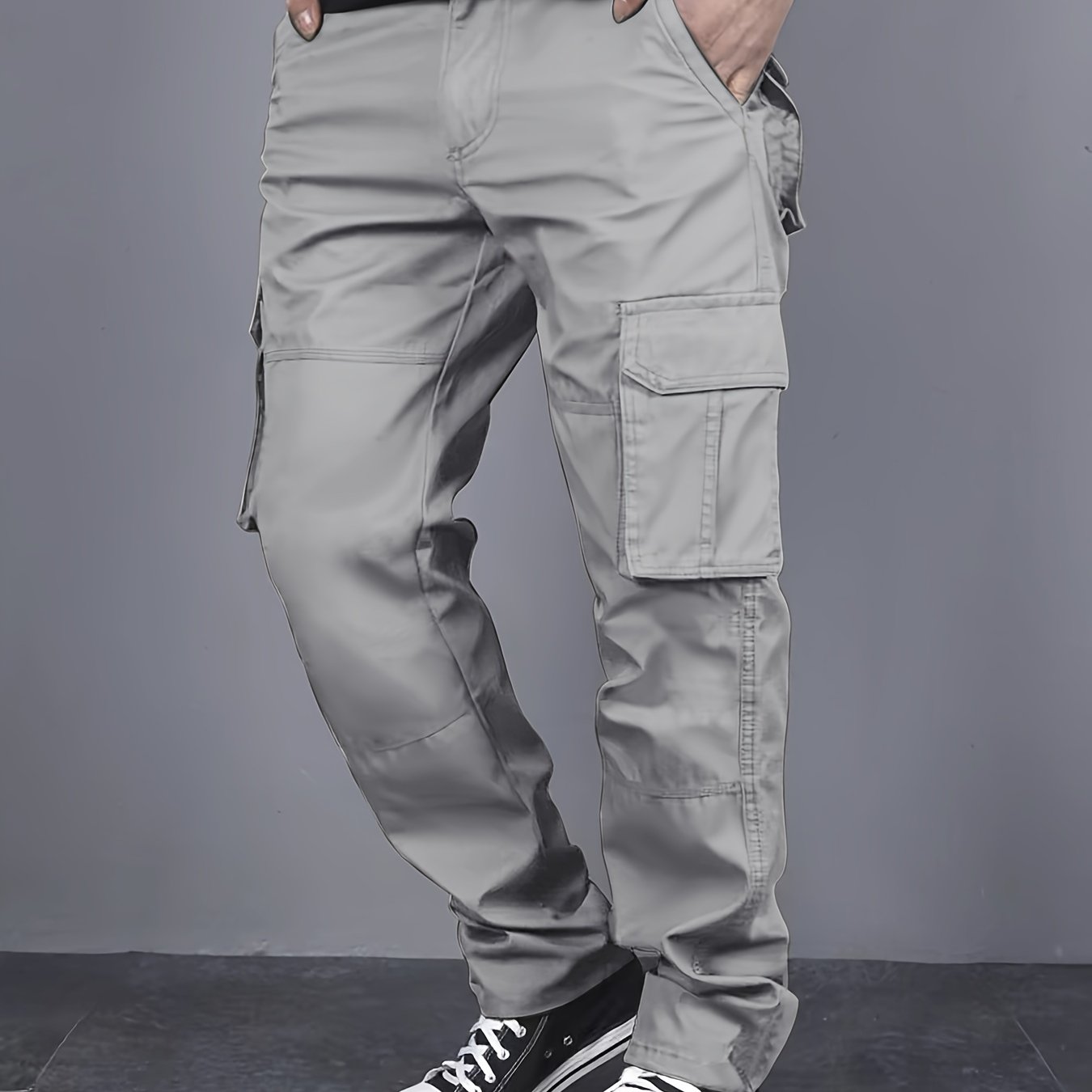 Mens Loose Fit Solid Color Cargo Pants - Multi-Pocket Drawstring Trousers for Weekend Casual - Polyester, Non-Stretch, Mid Waist, Regular Length, Hand Washable