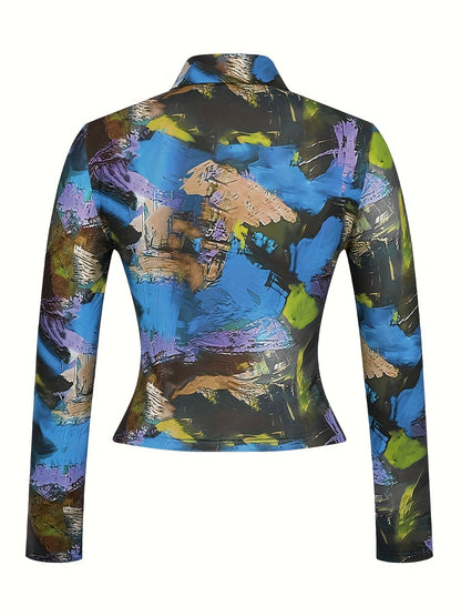 All Over Print Collared T-Shirt, Casual Long Sleeve Top For Spring & Fall, Women's Clothing