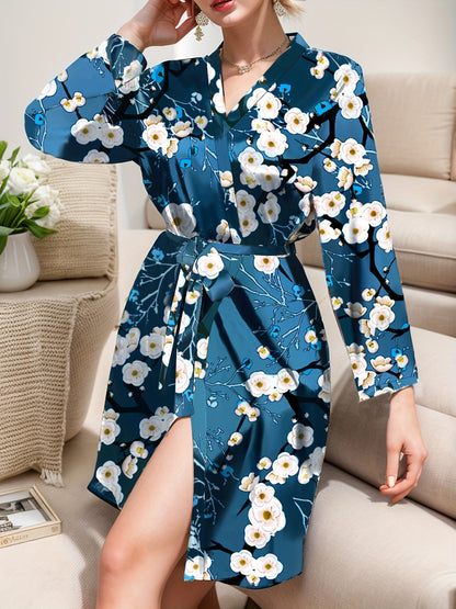 Luxurious Satin Long Sleeve Kimono Robe for Women - Floral Print V-Neck Loungewear with Belt, Soft and Cozy Casual Bathrobe for Autumn, Perfect for Relaxation and Leisure Activities