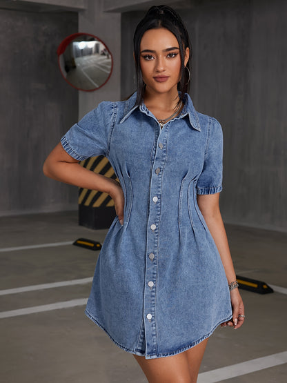 Elegant & Chic Women's Blue Denim Dress - Versatile All-Season Wear with Pleated Detail, Comfort Fit, and Easy Care