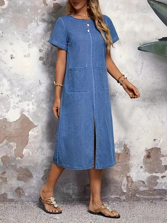 Plain Washed Blue Split Front Short Sleeve Patch Pocket Simple Elegant Midi Denim Dress, Women's Denim Jeans & Clothing