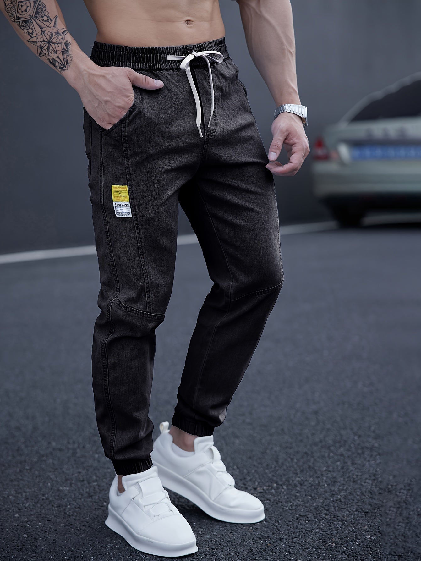 Men's Casual Tapered Jeans with Adjustable Drawstring Waist for Comfortable Street Style