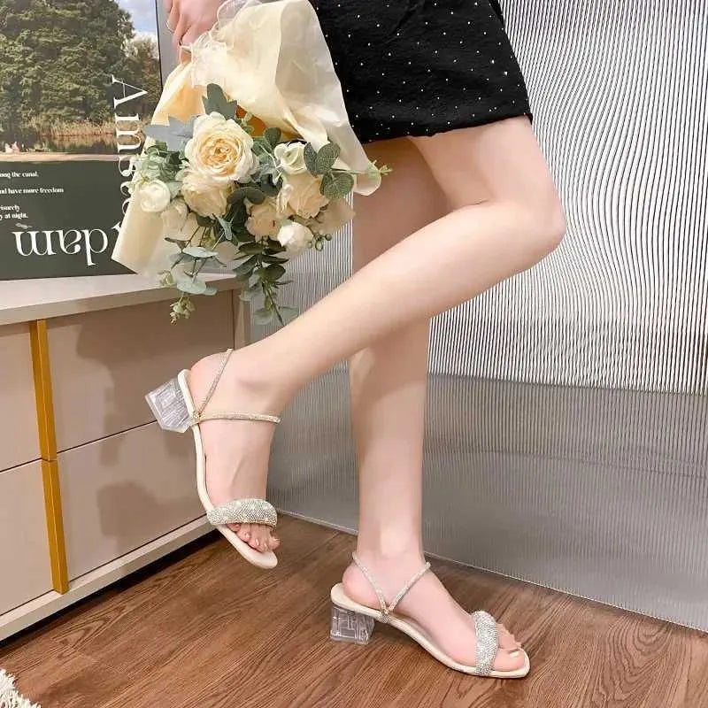 Dress Shoes Shining Gold and Silver Womens Sandals Summer  Crystal High Heels Party Comfortable Thick Sliding H240527