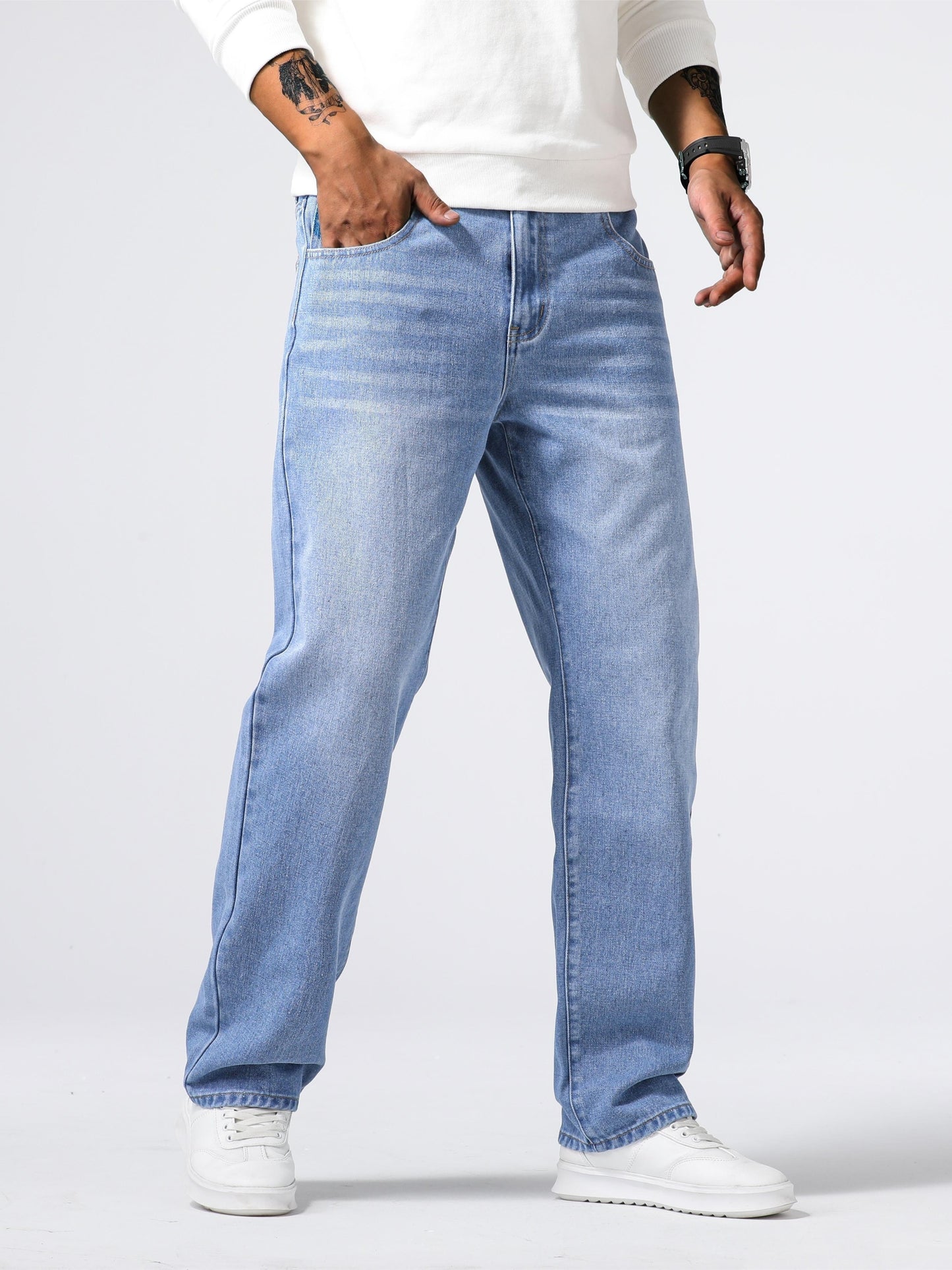 Men's Classic Design Loose Fit Distressed Jeans, Casual Street Style Denim Pants For The Four Seasons