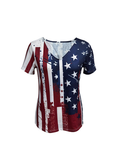 Vibrant American Flag Print V Neck T-Shirt - Soft Mid Elasticity Dacron and Spandex Blend, Casual Short Sleeve, Machine Washable, Perfect for Spring and Summer - Womens Color Block Knit Fabric Clothing