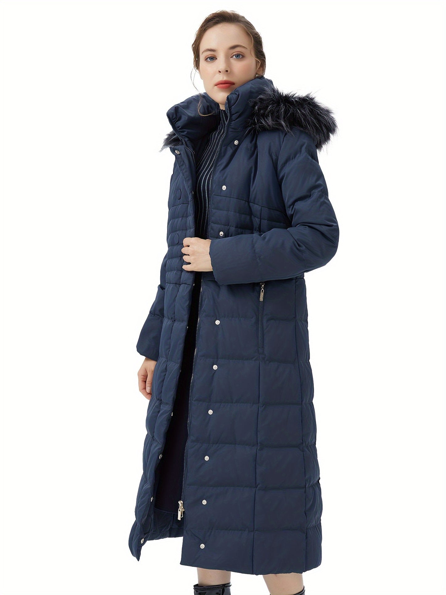 Solid Quilted Button Down Hooded Coat, Casual Slant Pockets Long Sleeve Hooded Maxi Down Coat For Fall & Winter, Women's Clothing