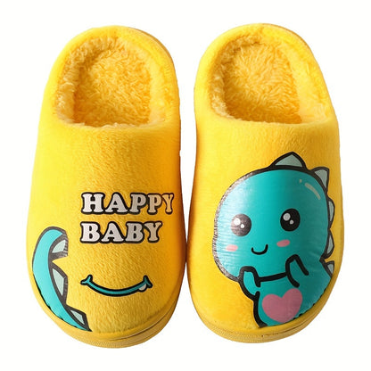 Happy Baby Cartoon Dinosaur Slippers for Kids: Soft Fleece, Rubber Sole, and Adorable Design for Boys and Girls Aged 14 and Under