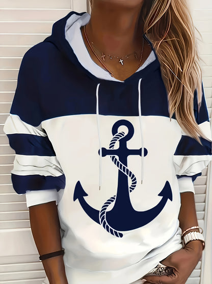 Vibrant Color Block Anchor Print Hoodie - Soft Mid-Elasticity Polyester Knit Fabric, Casual Long Sleeve Drawstring Design, Relaxed Fit, Spring/Summer/Fall Wear, Random Pop Art Print, No Sheer, Womens Clothing