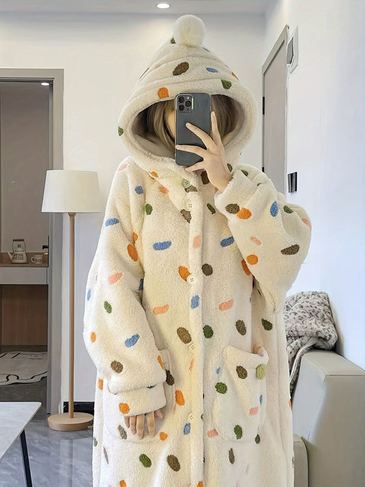 Cute Colorful Dot Pattern Plush Thickened Night Robe, Long Sleeve Button Up Hooded Robe With Pockets, Women's Sleepwear & Dresses For Fall/ Winter