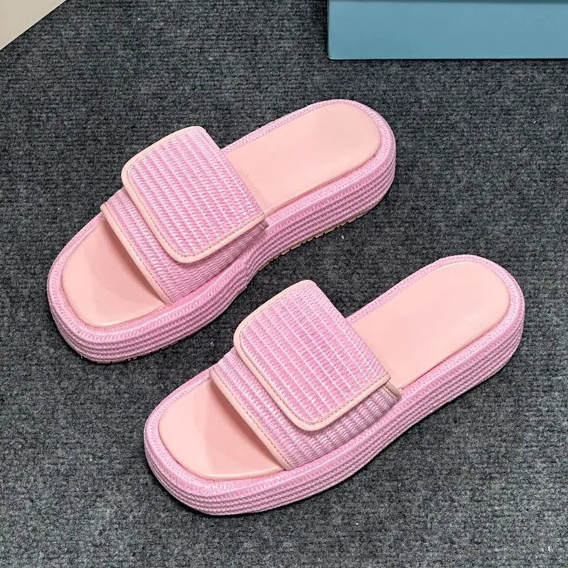 Women Designer Sandals Fashion Straw Sandal Platform Slippers Leather Slip-on Pool Slides Thick Heels Summer Beach Sandles Brown Black White Size 35-42