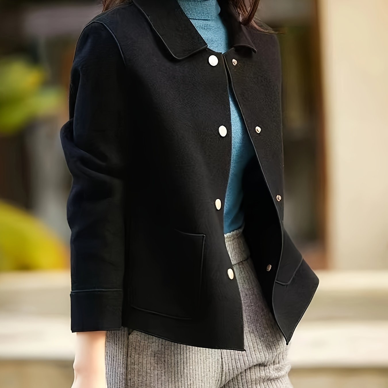 Womens Chic Button Front Jacket - Casual Solid Long Sleeve Outerwear with Convenient Pockets - Versatile & Comfortable for Everyday Style