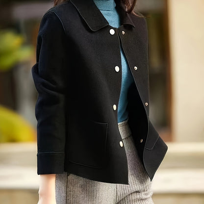 Womens Chic Button Front Jacket - Casual Solid Long Sleeve Outerwear with Convenient Pockets - Versatile & Comfortable for Everyday Style