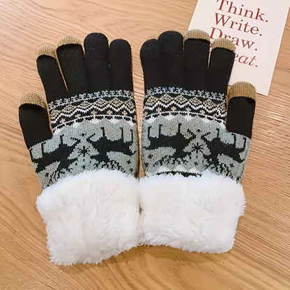 Plus Velvet Thickened Warm Gloves - Stretchy, Cute Deer Print, Touch Screen, Coldproof, Outdoor Cycling, Winter Warmth, Christmas Gift Idea