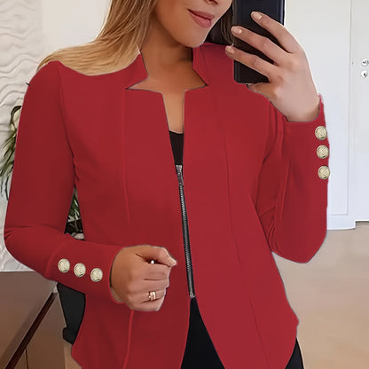 Fashionable Womens Solid Zip-Up Jacket with Button Detail - Comfy Long Sleeves, Casual Style - Premium Clothing Wardrobe Staple