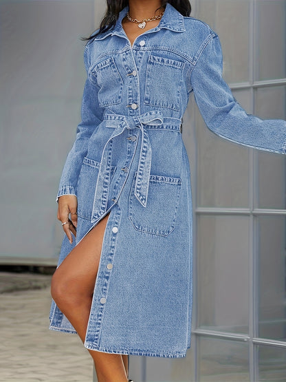 Trendy Blue Denim Dress with Full-Length Sleeves, Fashion-Forward Lapel, Pockets & Waistband - A Chic Single Breasted Button-down Style for Women