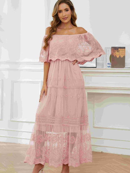 Off Shoulder Contrast Lace Double Layered Dress, Elegant Short Sleeve Evening Dress For Party & Banquet, Women's Clothing