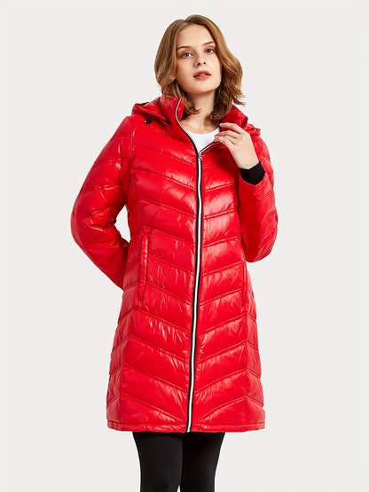 Ultra-Warm Women's Quilted Long Down Coat - Shiny Hooded Puffer Jacket with Water-Resistant Fabric, Adjustable cuffs, and Faux Fur Trim - Perfect for Cold Winter Days and Outdoor Activities