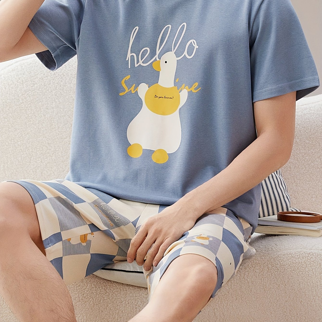 Men's Trendy Casual Comfy Tees & Shorts, Cartoon Duck Graphic Print Crew Neck Short Sleeve T-shirt & Loose Checkered Shorts With Pockets Home Pajamas Sets, Outdoor Sets For Summer