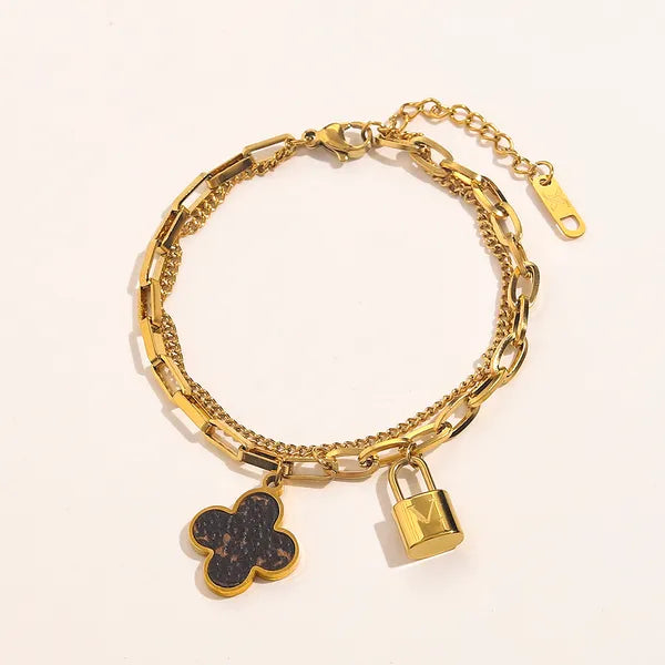 New Fashionable Classic Bracelets Women Bangle 18K Gold Plated Stainless steel Crystal Flower Beads Lovers Gift Wristband Cuff Chain Designer Jewelry