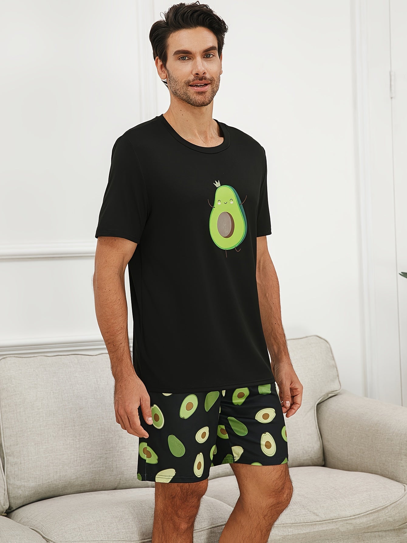 Men's Couple's 2 Pcs Leisure Pajama Suit - Cute Avocado Print Round Neck Short Sleeve & Shorts For Daily Wearing