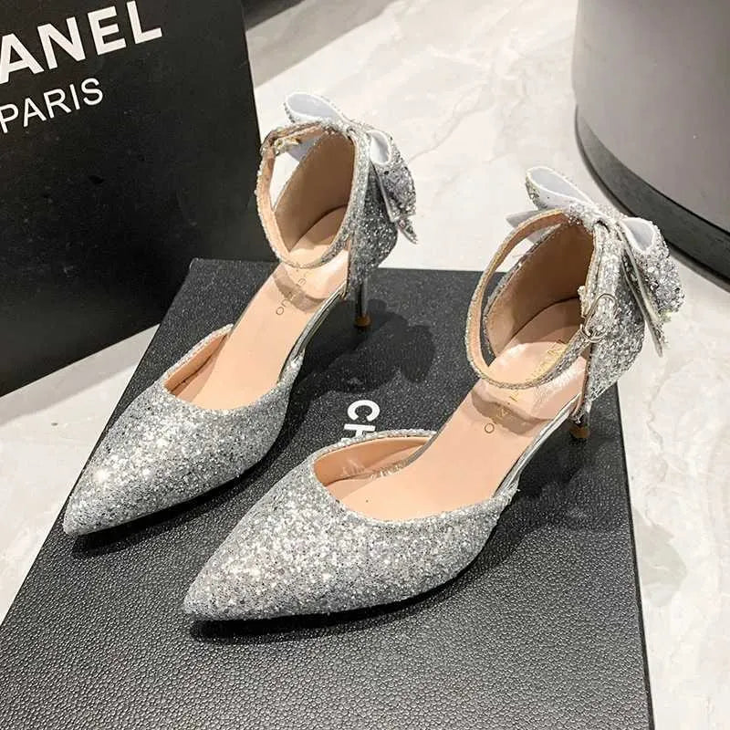 Dress Shoes for Woman Silver Womens Summer Footwear Wedding Bride Shoe Rhinestone Pointed Toe Super High Heel Diamond H240527