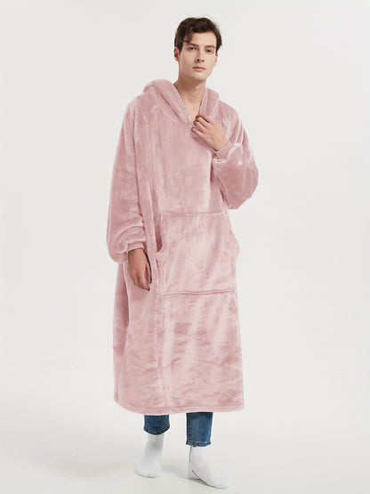 Men's Cozy Flannel Hooded Robe - Extra Long, Solid Color Lounge Wear with Pockets for Autumn & Winter, Machine Washable