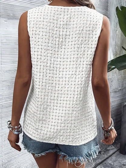 Solid Button Front Tank Top, Casual V Neck Summer Sleeveless Top, Women's Clothing