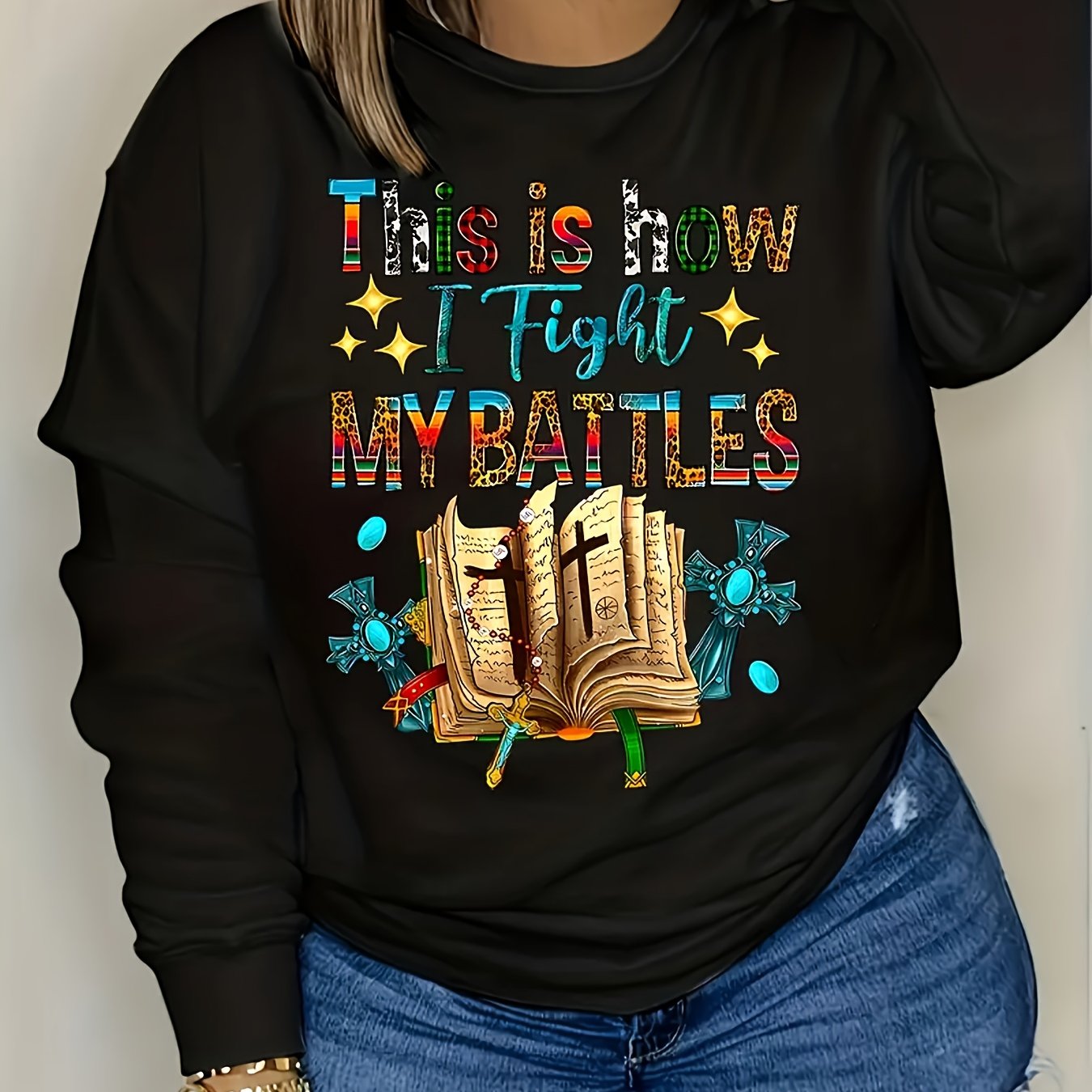 Stylish Cross & Bible Print Sweatshirt - Soft, Casual, Long Sleeve, Crew Neck, Relaxed Fit, Women's Christian Clothing for Everyday Wear