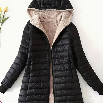 Womens Cozy Hooded Fleece Padded Jacket - Mid-thigh Slim Fit, Insulated for Warmth, Solid Color Casual Winter Coat - Perfect for Outdoor & Everyday Wear, Stylish Activewear