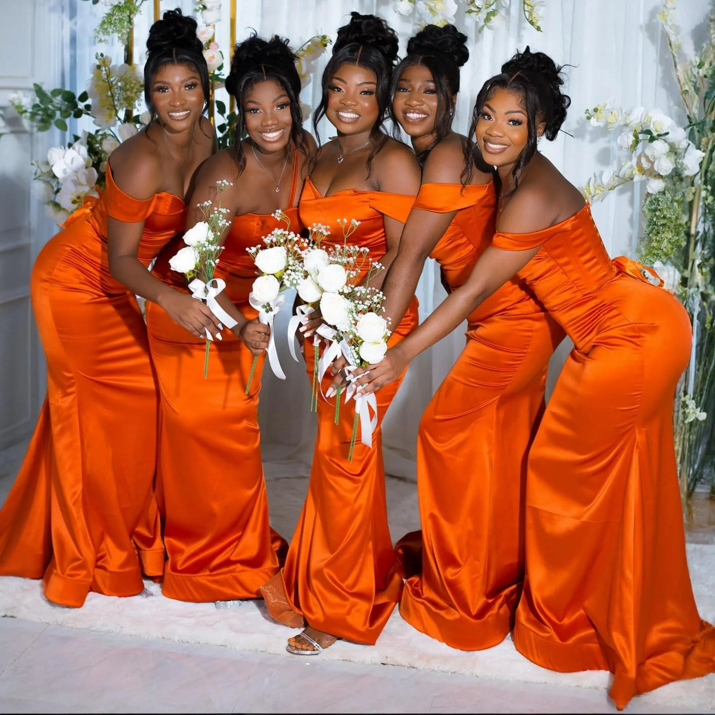 South African Orange Junior Bridesmaid Dresses Mermaid Elastic Satin Sweep Train Maid of Honor Dresses Bride Gowns for Nigeria Black Women Girls Marriage BR117