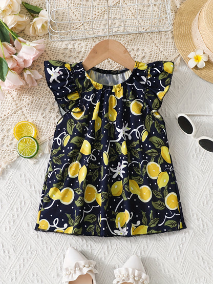 Girls Sleeveless Navy Lemon Print Top with Ruffle Cap Sleeves, Casual Style, Summer Fashion