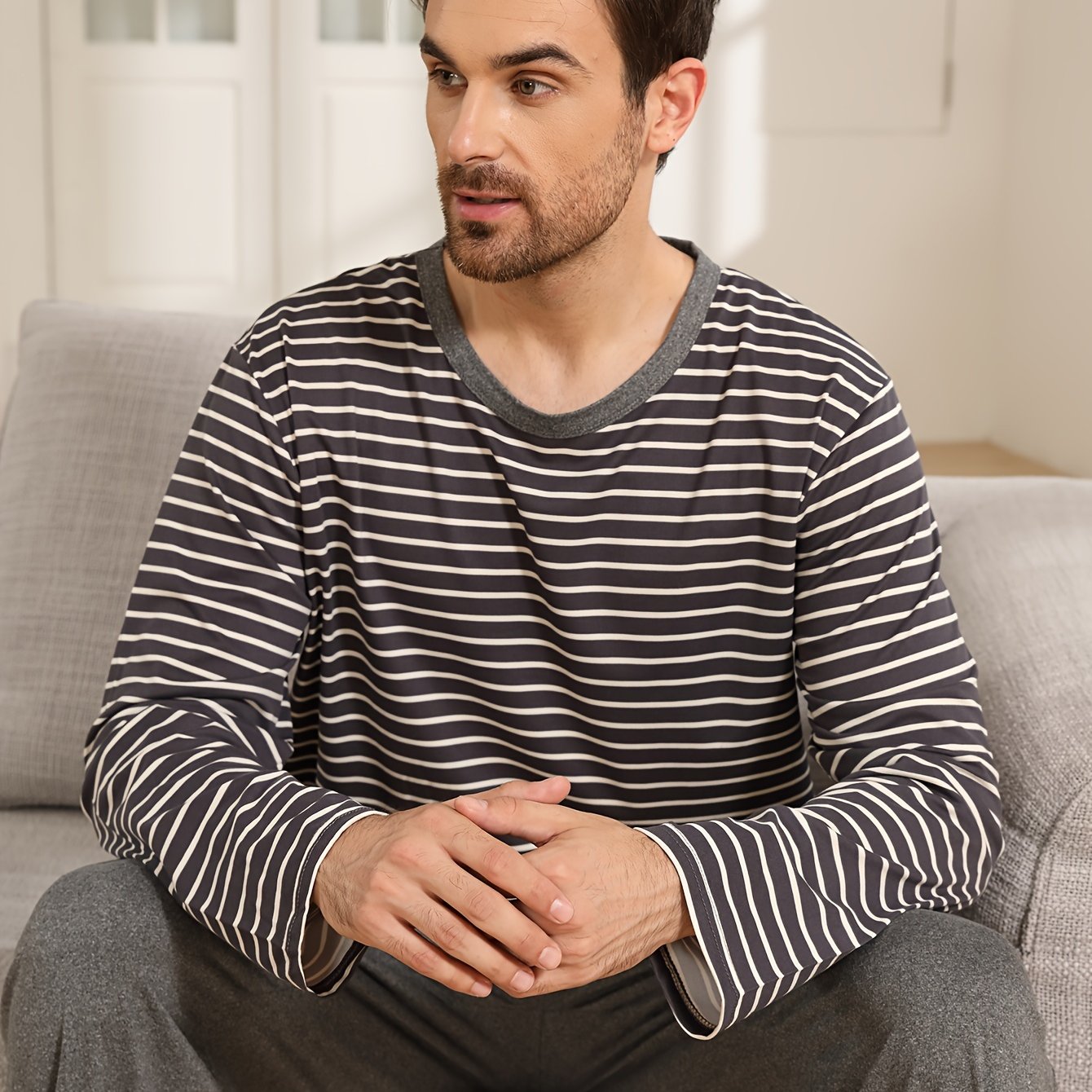 Men's Striped Long Sleeve Pajama Set: Relaxed, Spring/Autumn, Microfiber, Pocket, Regular Fit, Knit