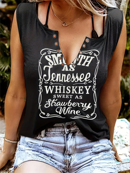 Women's Whiskey Letter Print Sleeveless T-Shirt for Casual Everyday Wear in Spring and Summer