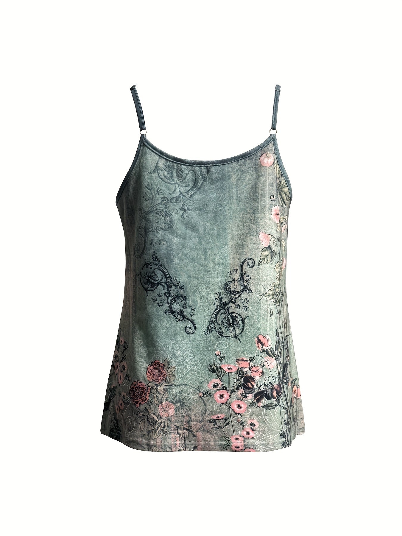 Floral Print Scoop Neck Tank Top, Casual Sleeveless Backless Spaghetti Strap Top For Spring & Summer, Women's Clothing