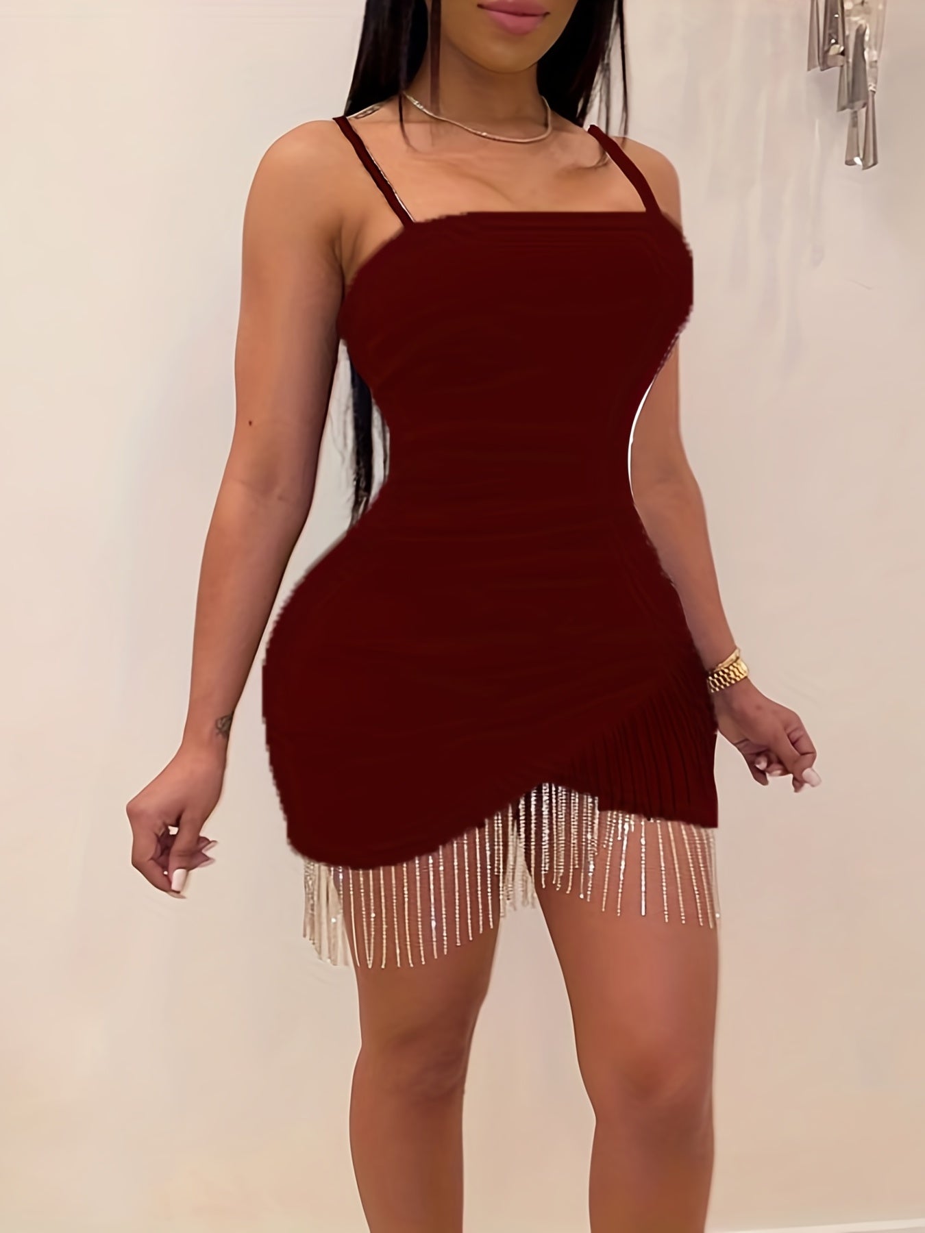 Brief Bodycon Spaghetti Strap Dress - Sexy Beaded Backless Stretchy Cami Party Dress with High Elasticity - Solid Color, All-Season, Knit Fabric, No Belt