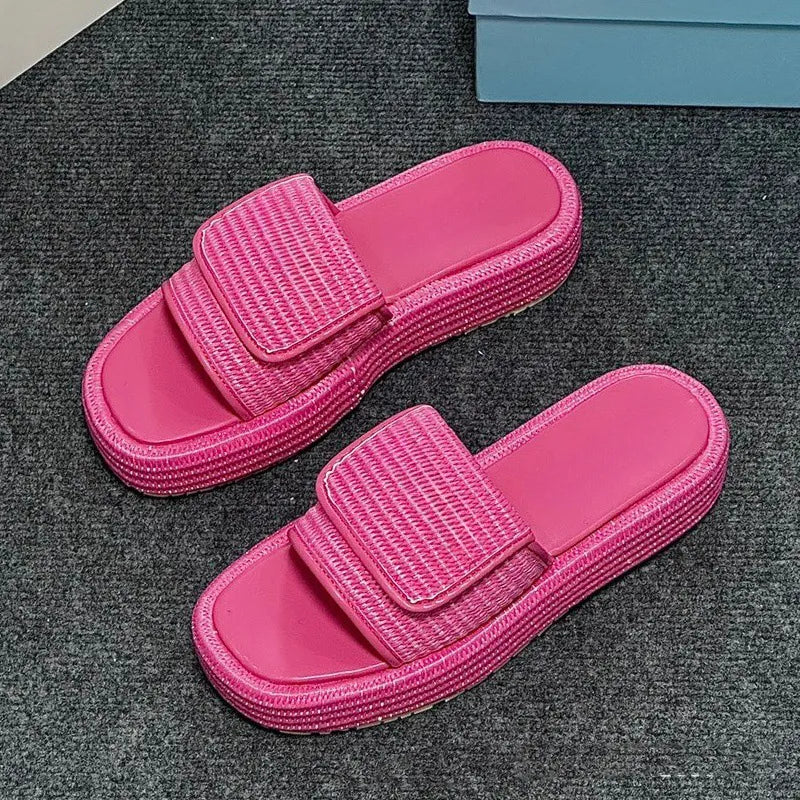 Women Designer Sandals Fashion Straw Sandal Platform Slippers Leather Slip-on Pool Slides Thick Heels Summer Beach Sandles Brown Black White Size 35-42