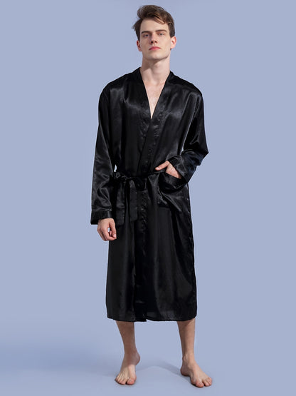 Mens Premium V-neck Belted Bathrobe - Soft & Breathable Loungewear - Quick Drying, Ultra-Comfortable, Adjustable - Perfect for Indoor Relaxation in Plain Colors