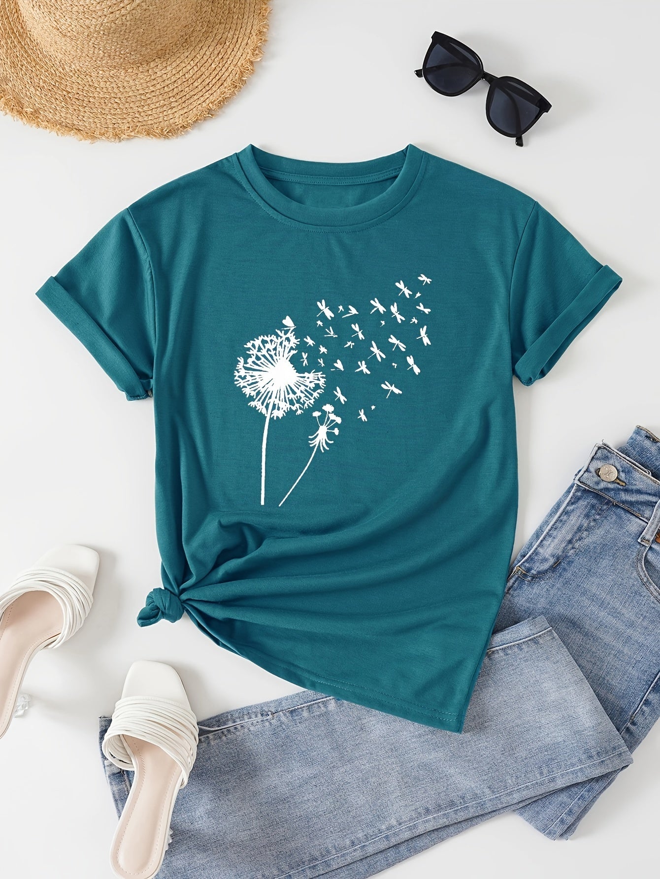 Vibrant Dandelion Print Crew Neck T-Shirt - Soft Micro Elasticity Polyester Fabric, Casual Short Sleeve Top for Spring & Summer, Womens Regular Fit Clothing with Random Plant Pattern