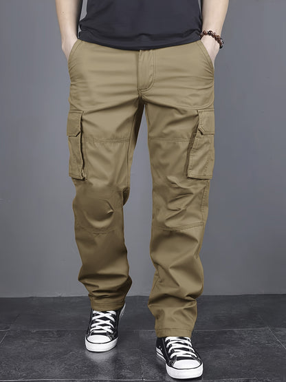 Mens Loose Fit Solid Color Cargo Pants - Multi-Pocket Drawstring Trousers for Weekend Casual - Polyester, Non-Stretch, Mid Waist, Regular Length, Hand Washable