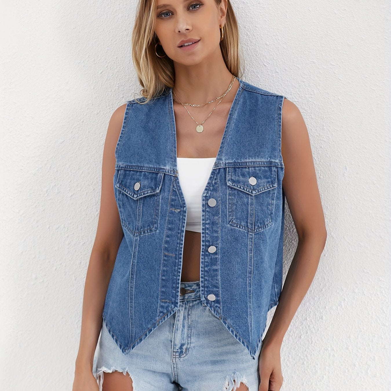 Distressed Denim Vest - Sleeveless Design, Trendy Frayed Hem, Button-Up Front, Casual Style Jean Jacket - Perfect for Spring and Summer Fashion, Versatile Outerwear for Everyday Wear