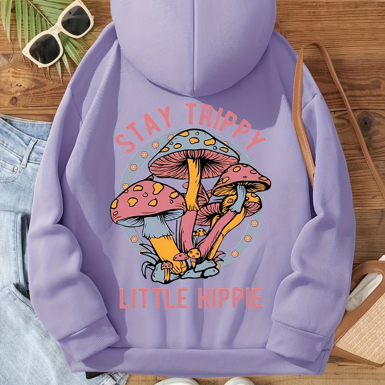 Vibrant Mushroom Print Kangaroo Pocket Hoodie - Soft Micro Elasticity Polyester Fabric, Casual Long Sleeve Drawstring Hooded Sweatshirt with Geometric Pattern, Machine Washable, Fall/Winter Season, Womens Clothing