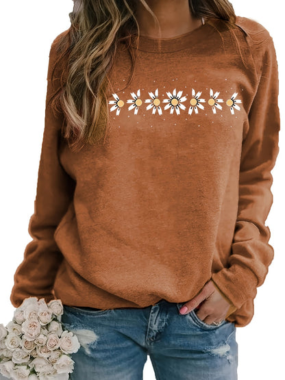 Long Sleeve Crew Neck Floral Print Casual Sweatshirt - Soft Cotton, Slight Stretch, Micro Elasticity, Raglan Sleeve - Perfect for Daily Wear in Spring, Summer, and Fall