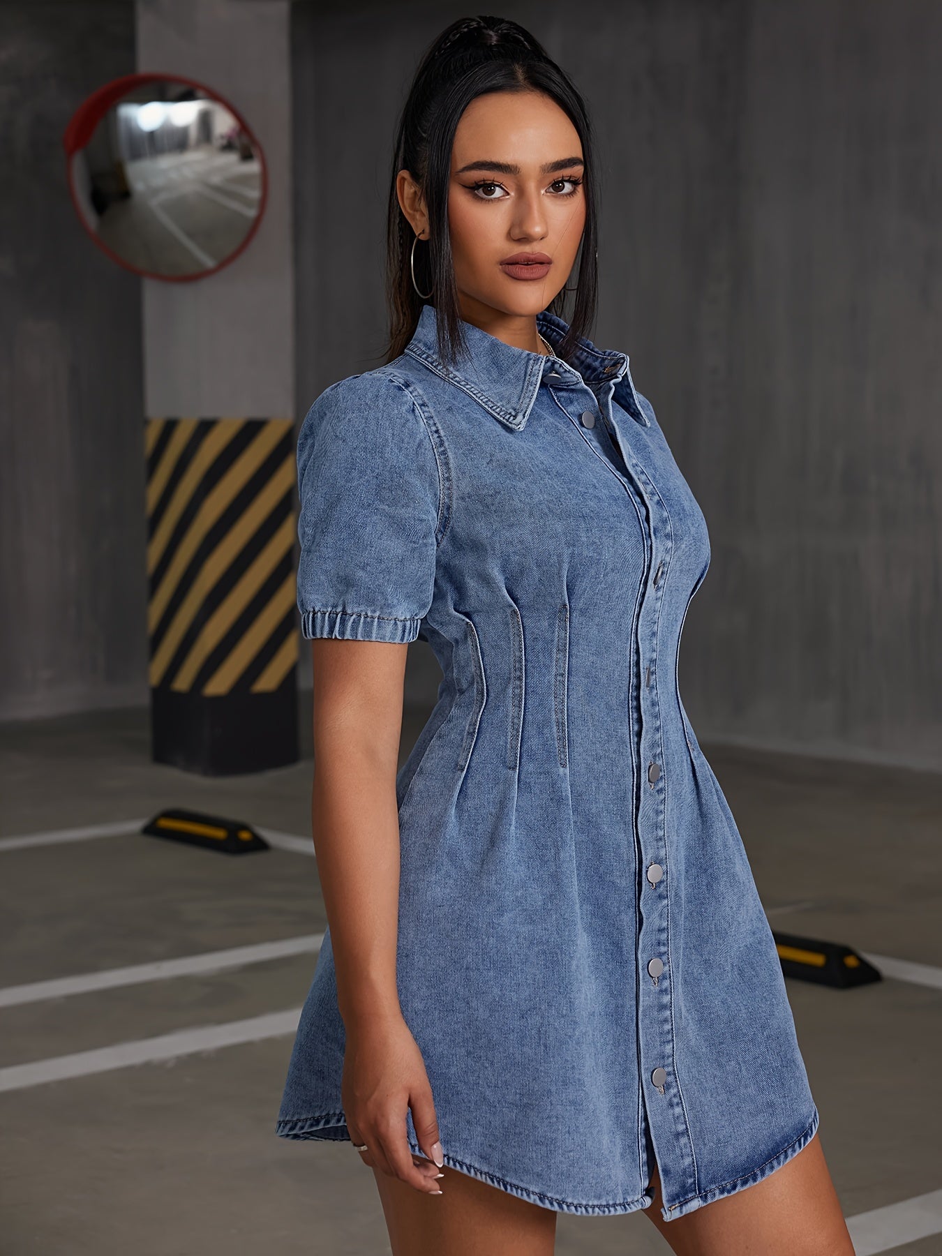 Elegant & Chic Women's Blue Denim Dress - Versatile All-Season Wear with Pleated Detail, Comfort Fit, and Easy Care