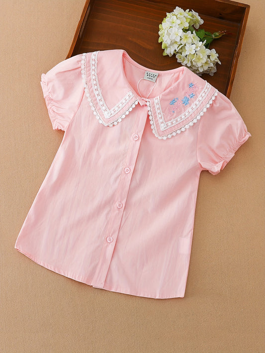 Girls Pure Cotton White Shirt, Summer Preppy Style, Collar, Embroidered Detail, Korean Fashion Blouse For Little Girls