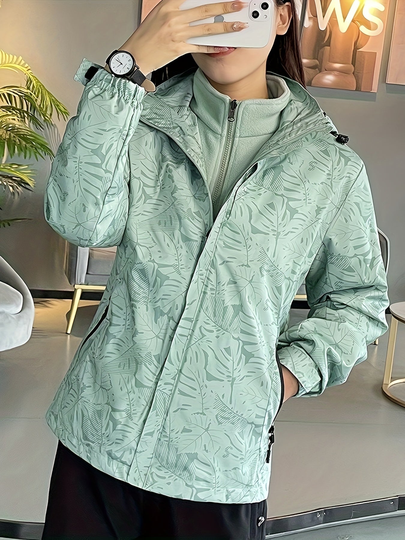 Waterproof Windbreaker Jacket for Women - High Neck, Zipper Placket, Long Sleeve, Leaf Print Graphic, Pockets, Breathable Polyester Fabric - Ideal for Outdoor Climbing, Hiking, and Weekend Casual Wear